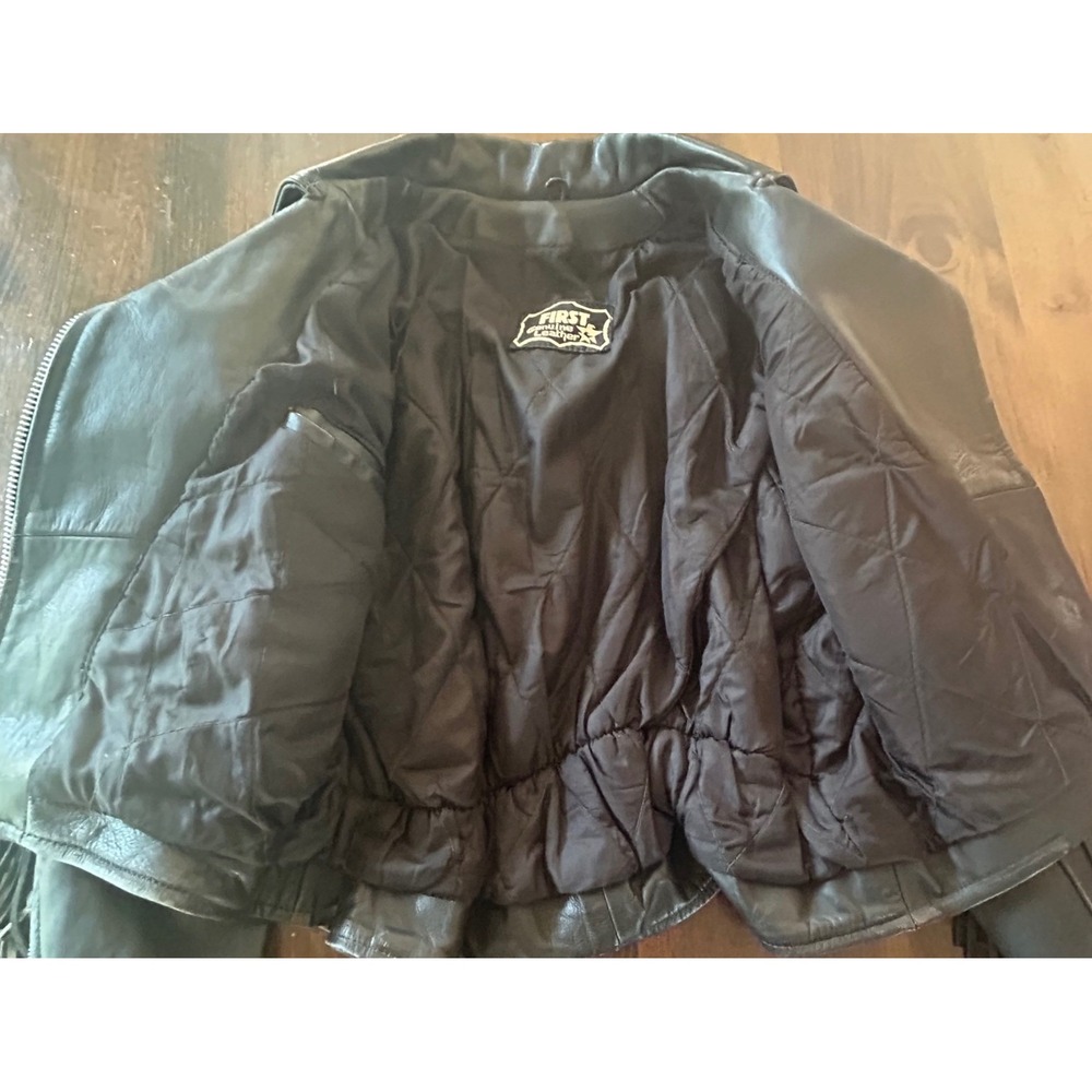 Vintage 90s First Genuine Leather Fringe Biker Jacket Black Western Moto Belted - Picture 4 of 8